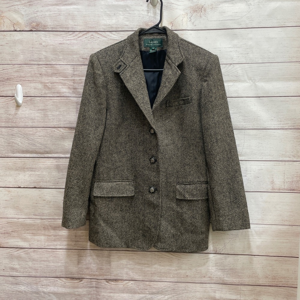 VINTAGE LAUREN RALPH LAUREN TWEED EQUESTRIAN 100% WOOL BLAZER IN HERRINGBONE